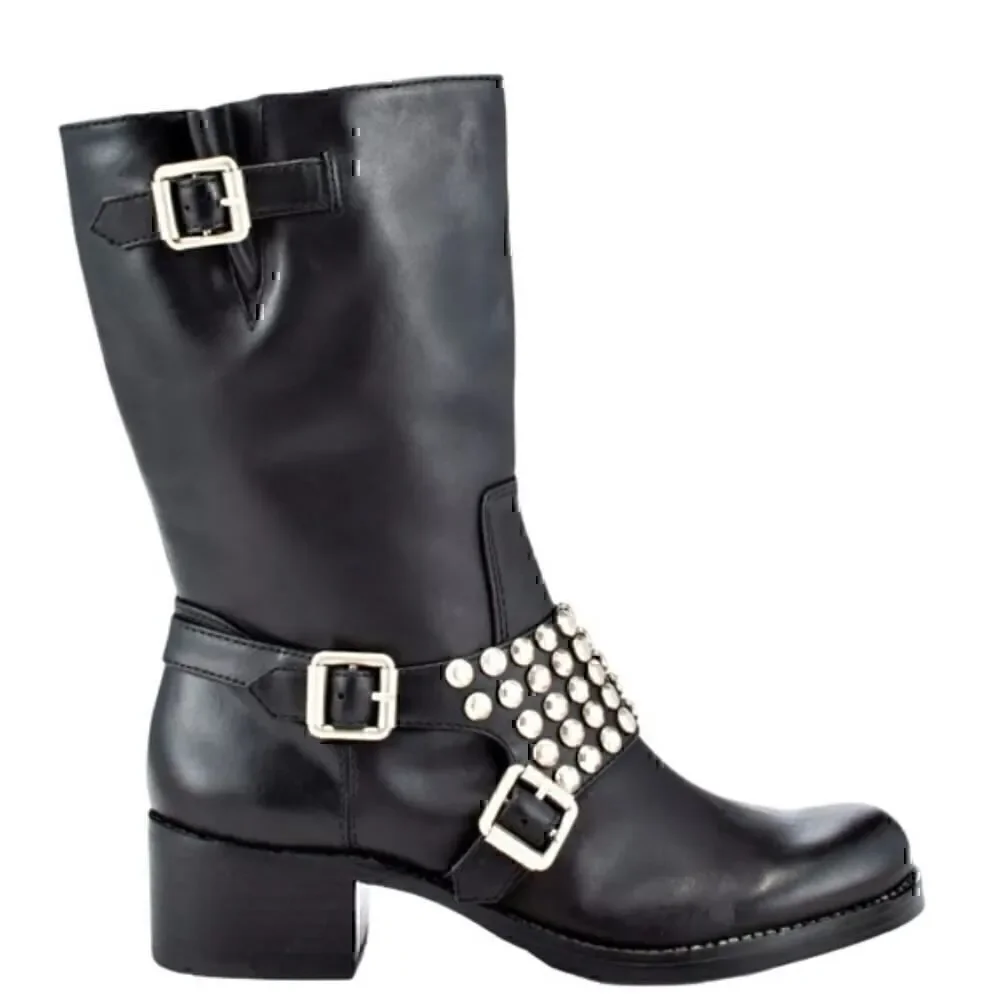 BCBGeneration BC-Halen Black Leather Studded Buckle Boots 7B/37